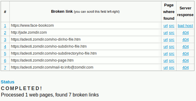 The results of BrokenLinkCheck.com