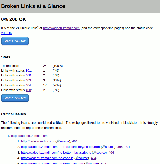 The results of Broken Links at a Glance