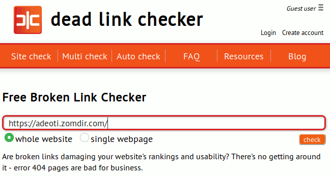 Input form of Dead Link Checker