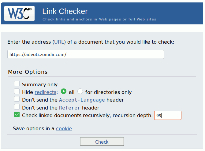 Input form of W3C Link Checker