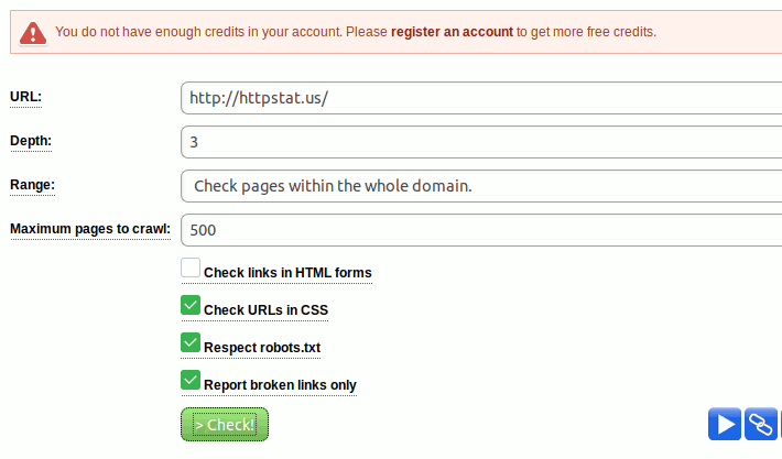 A part of the results of Online Domain Tools Website Link Checker